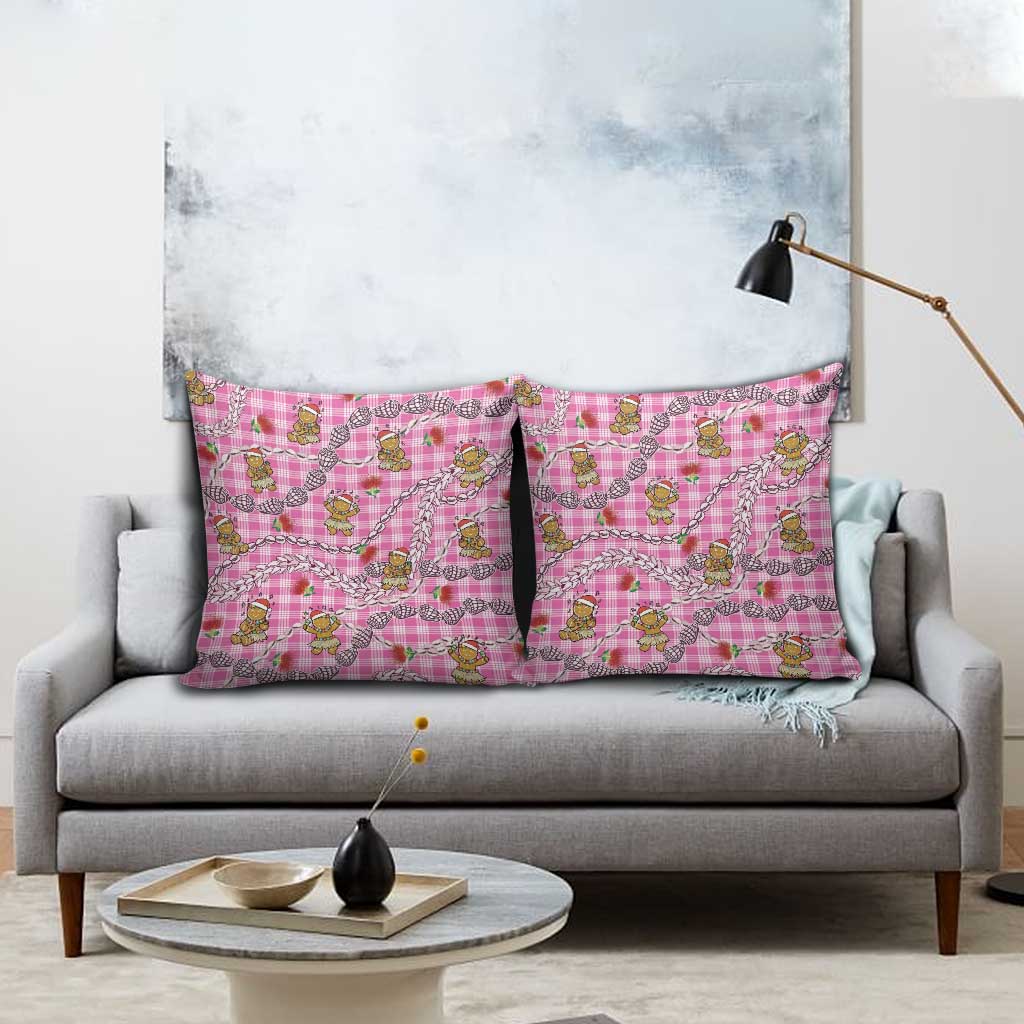 Pink Palaka Hawaii Mele Kalikimaka Pillow Cover Ohia Lehua Shell Leis Funny Gingerbread Santa - Polynesian Pride