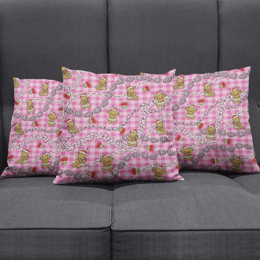 Pink Palaka Hawaii Mele Kalikimaka Pillow Cover Ohia Lehua Shell Leis Funny Gingerbread Santa - Polynesian Pride