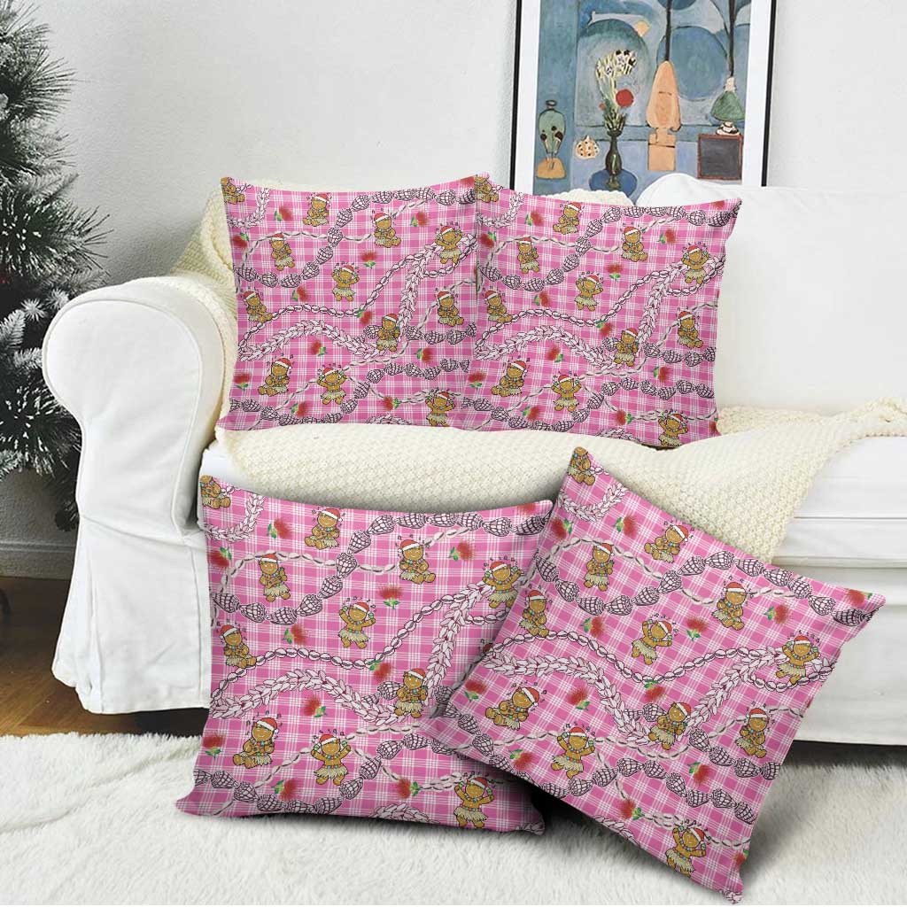 Pink Palaka Hawaii Mele Kalikimaka Pillow Cover Ohia Lehua Shell Leis Funny Gingerbread Santa - Polynesian Pride