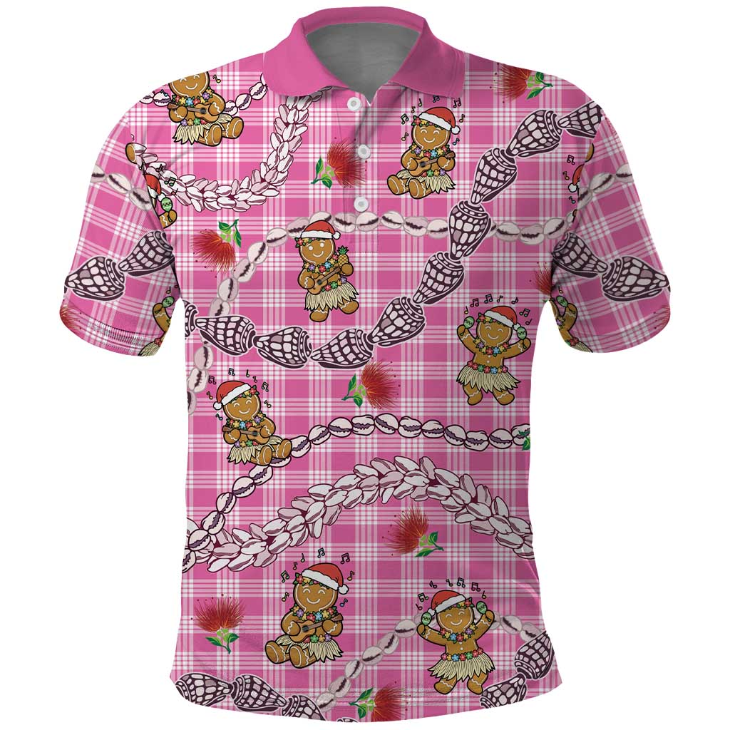 Pink Palaka Hawaii Mele Kalikimaka Polo Shirt Ohia Lehua Shell Leis Funny Gingerbread Santa - Polynesian Pride