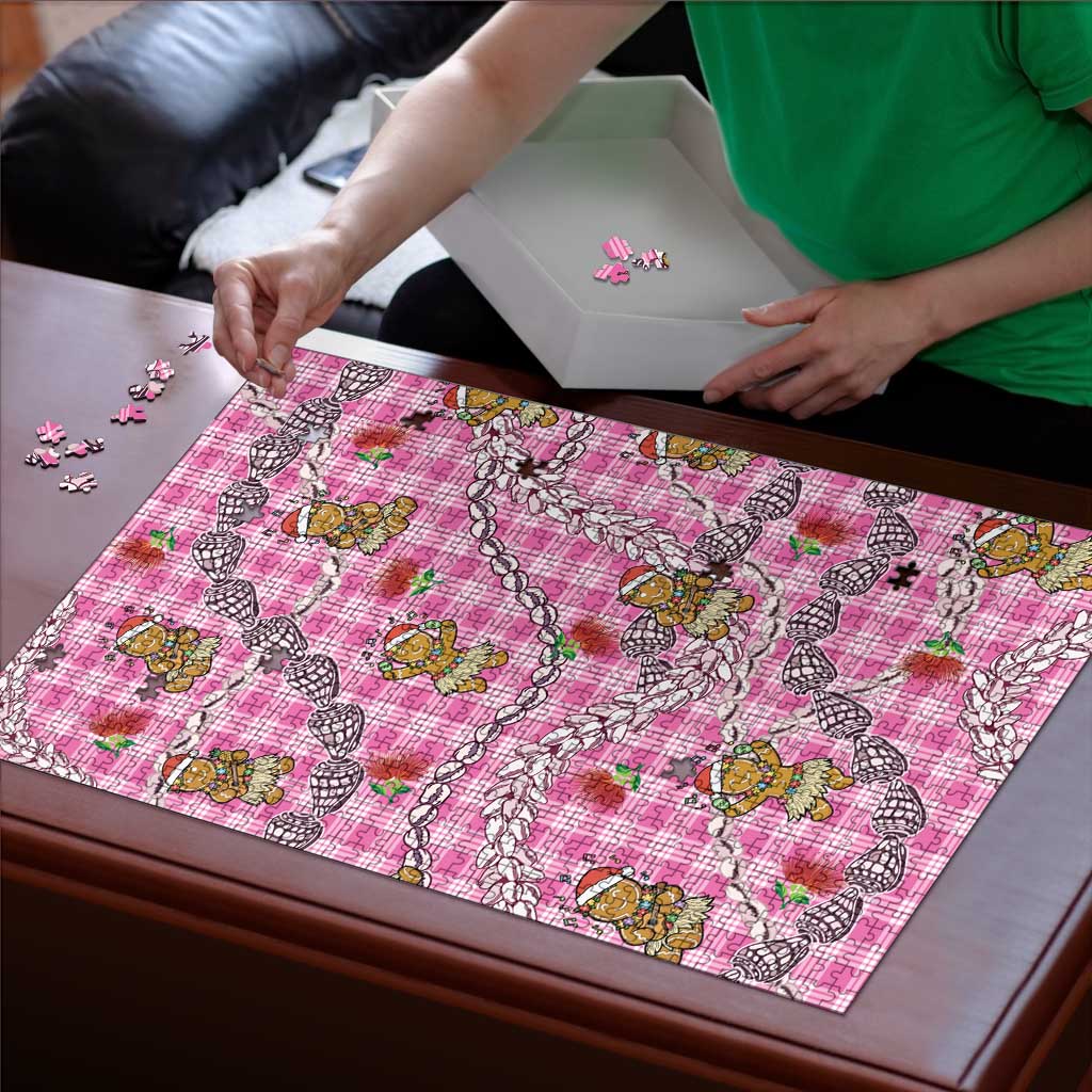 Pink Palaka Hawaii Mele Kalikimaka Puzzle Ohia Lehua Shell Leis Funny Gingerbread Santa - Polynesian Pride