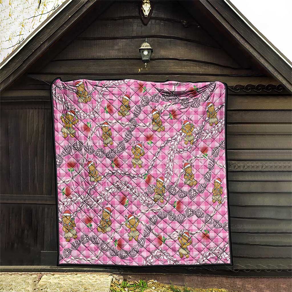 Pink Palaka Hawaii Mele Kalikimaka Quilt Ohia Lehua Shell Leis Funny Gingerbread Santa - Polynesian Pride