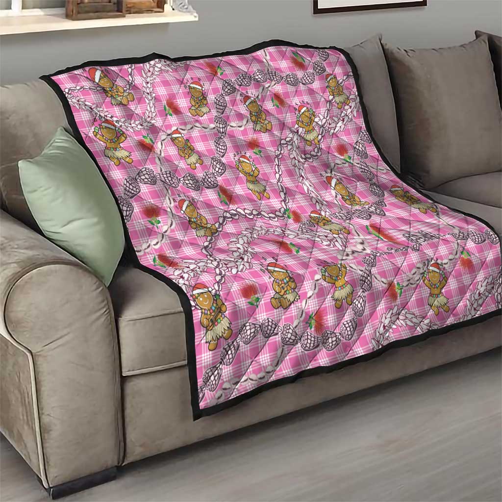 Pink Palaka Hawaii Mele Kalikimaka Quilt Ohia Lehua Shell Leis Funny Gingerbread Santa - Polynesian Pride