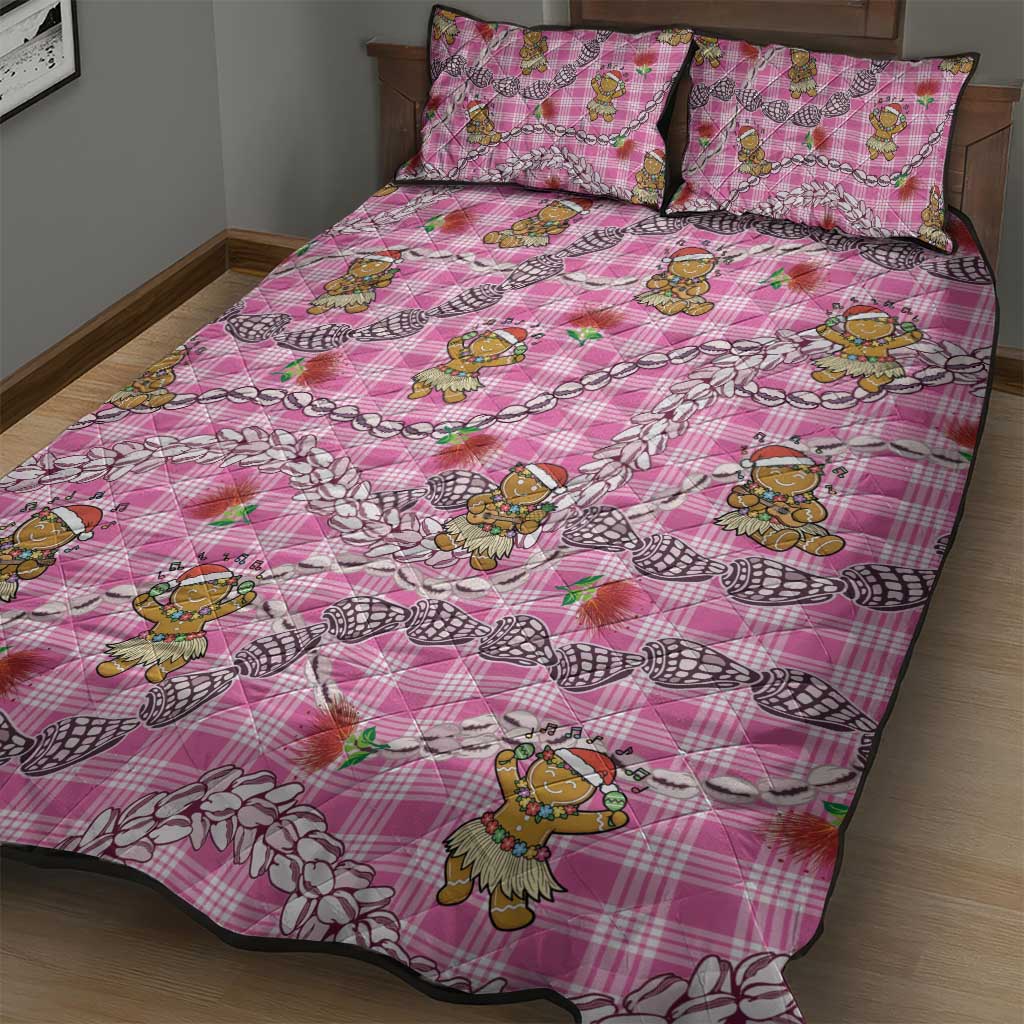 Pink Palaka Hawaii Mele Kalikimaka Quilt Bed Set Ohia Lehua Shell Leis Funny Gingerbread Santa - Polynesian Pride