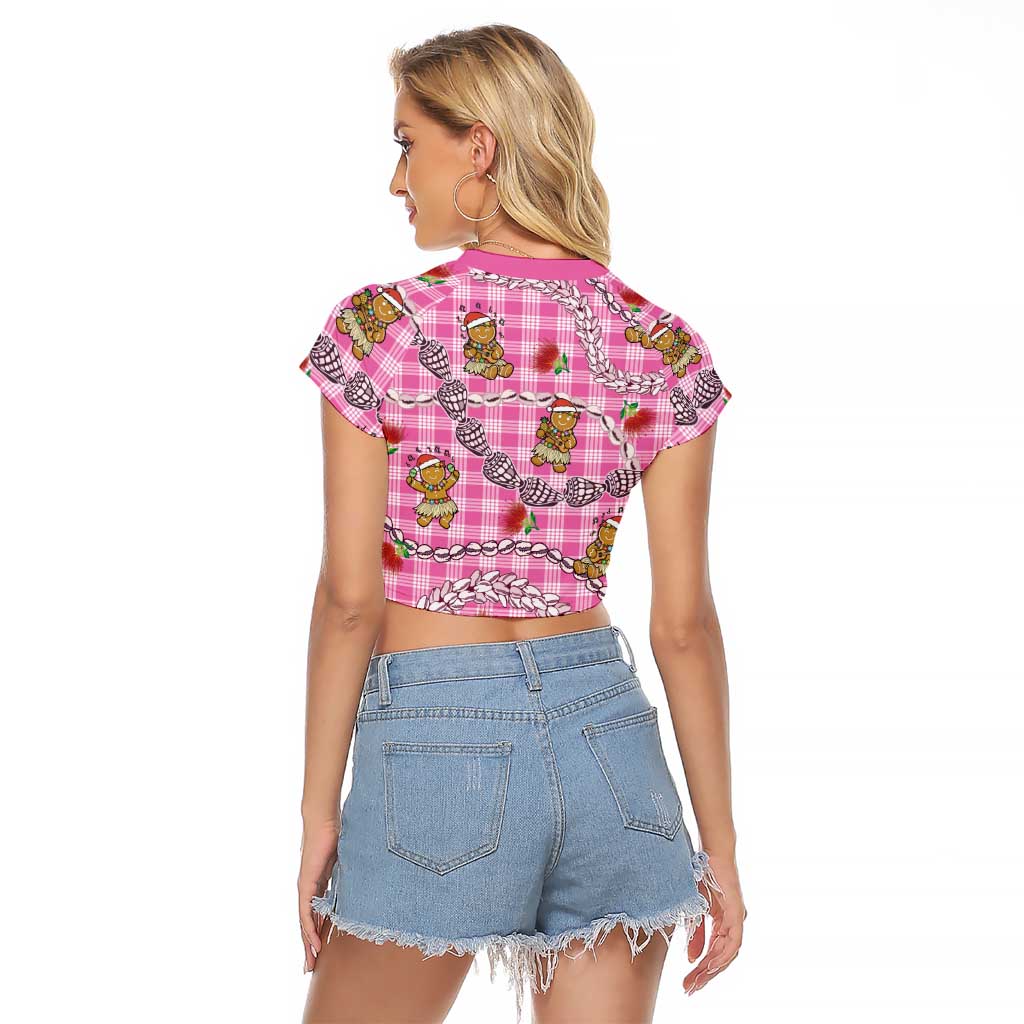 Pink Palaka Hawaii Mele Kalikimaka Raglan Cropped T Shirt Ohia Lehua Shell Leis Funny Gingerbread Santa - Polynesian Pride