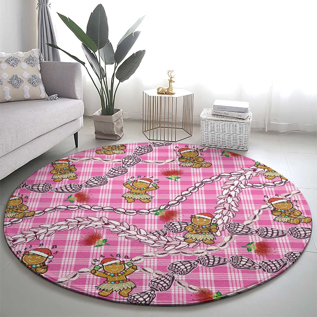 Pink Palaka Hawaii Mele Kalikimaka Round Carpet Ohia Lehua Shell Leis Funny Gingerbread Santa - Polynesian Pride
