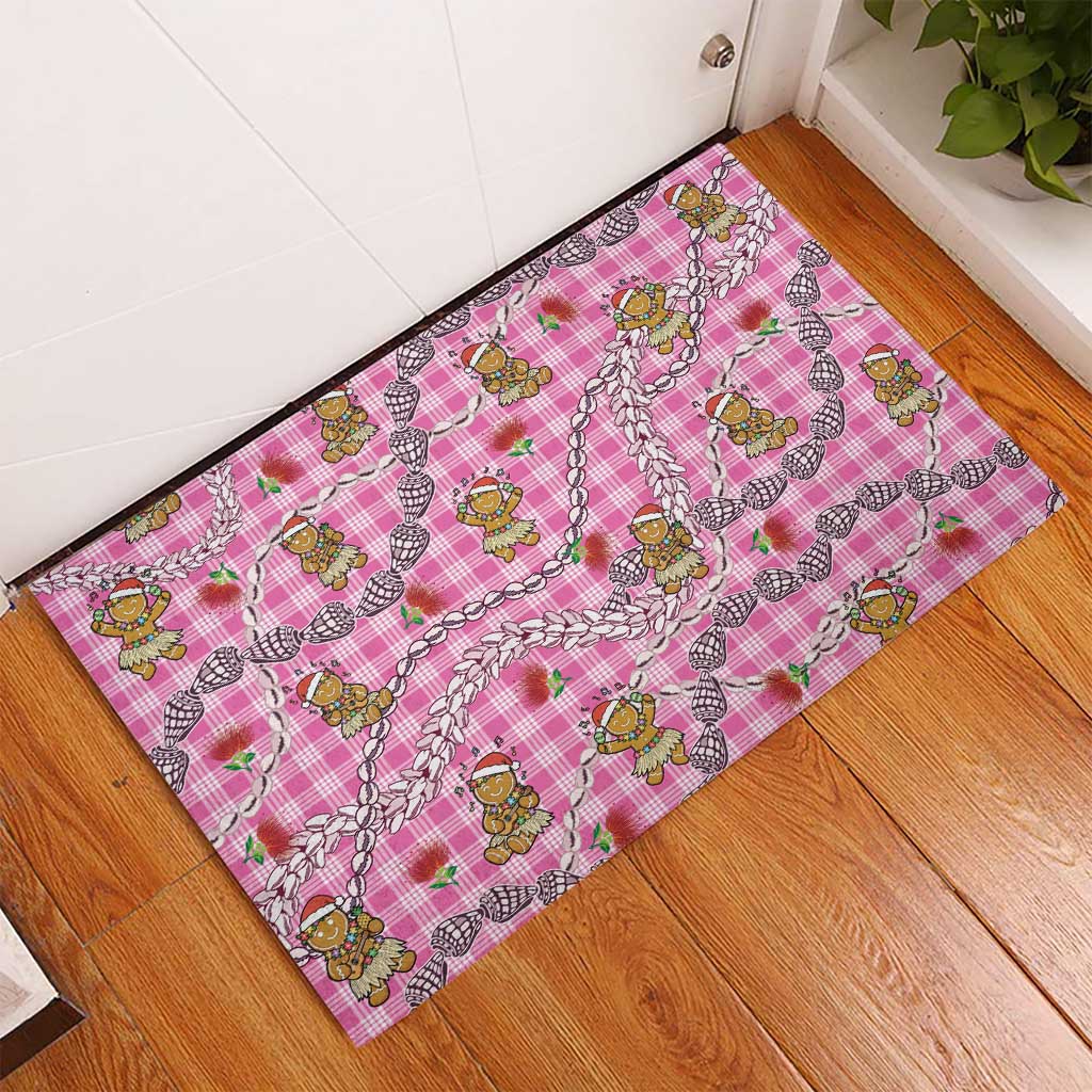 Pink Palaka Hawaii Mele Kalikimaka Rubber Doormat Ohia Lehua Shell Leis Funny Gingerbread Santa - Polynesian Pride