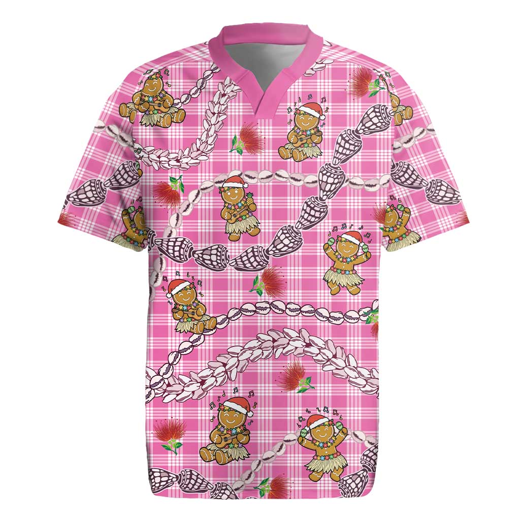 Pink Palaka Hawaii Mele Kalikimaka Rugby Jersey Ohia Lehua Shell Leis Funny Gingerbread Santa LT14 Pink - Polynesian Pride