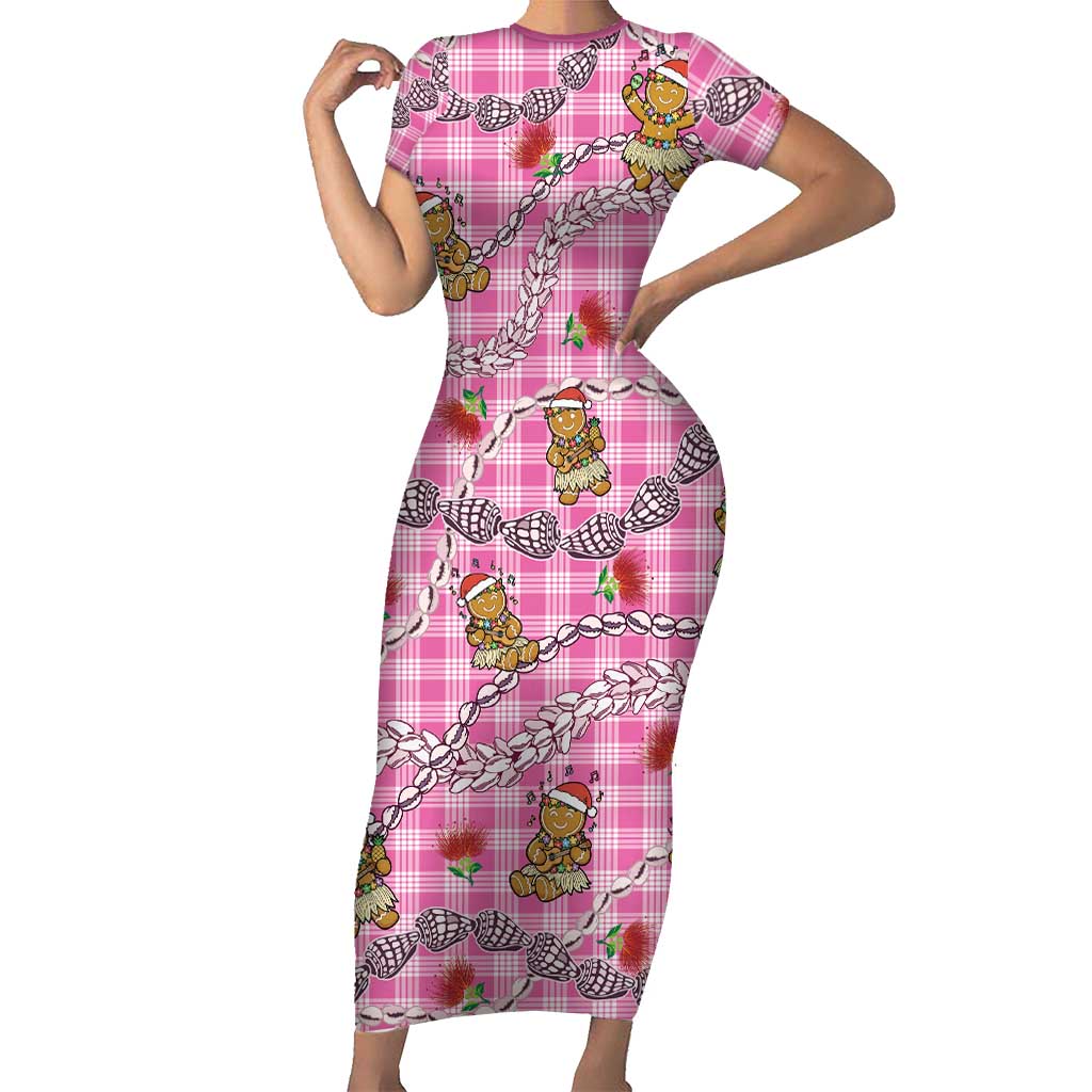 Pink Palaka Hawaii Mele Kalikimaka Short Sleeve Bodycon Dress Ohia Lehua Shell Leis Funny Gingerbread Santa - Polynesian Pride