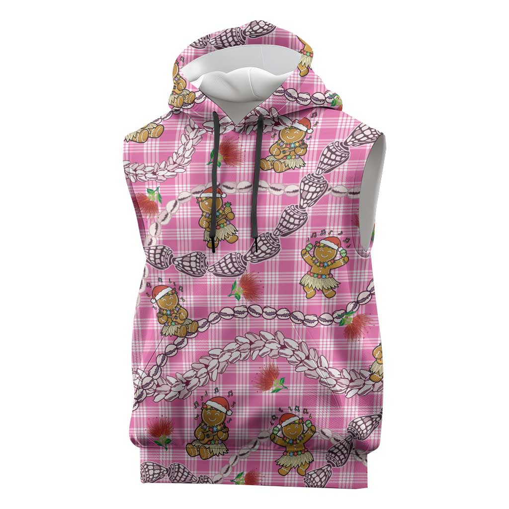 Pink Palaka Hawaii Mele Kalikimaka Sleeveless Hoodie Ohia Lehua Shell Leis Funny Gingerbread Santa - Polynesian Pride
