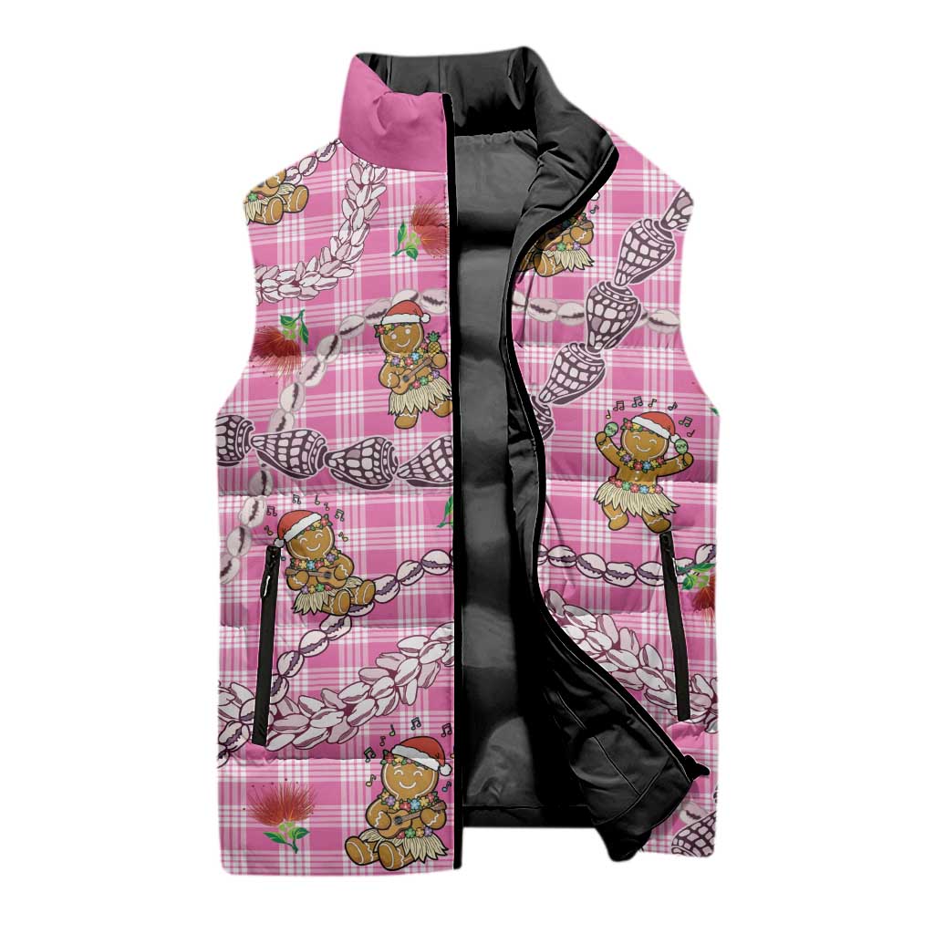 Pink Palaka Hawaii Mele Kalikimaka Sleeveless Puffer Jacket Ohia Lehua Shell Leis Funny Gingerbread Santa - Polynesian Pride