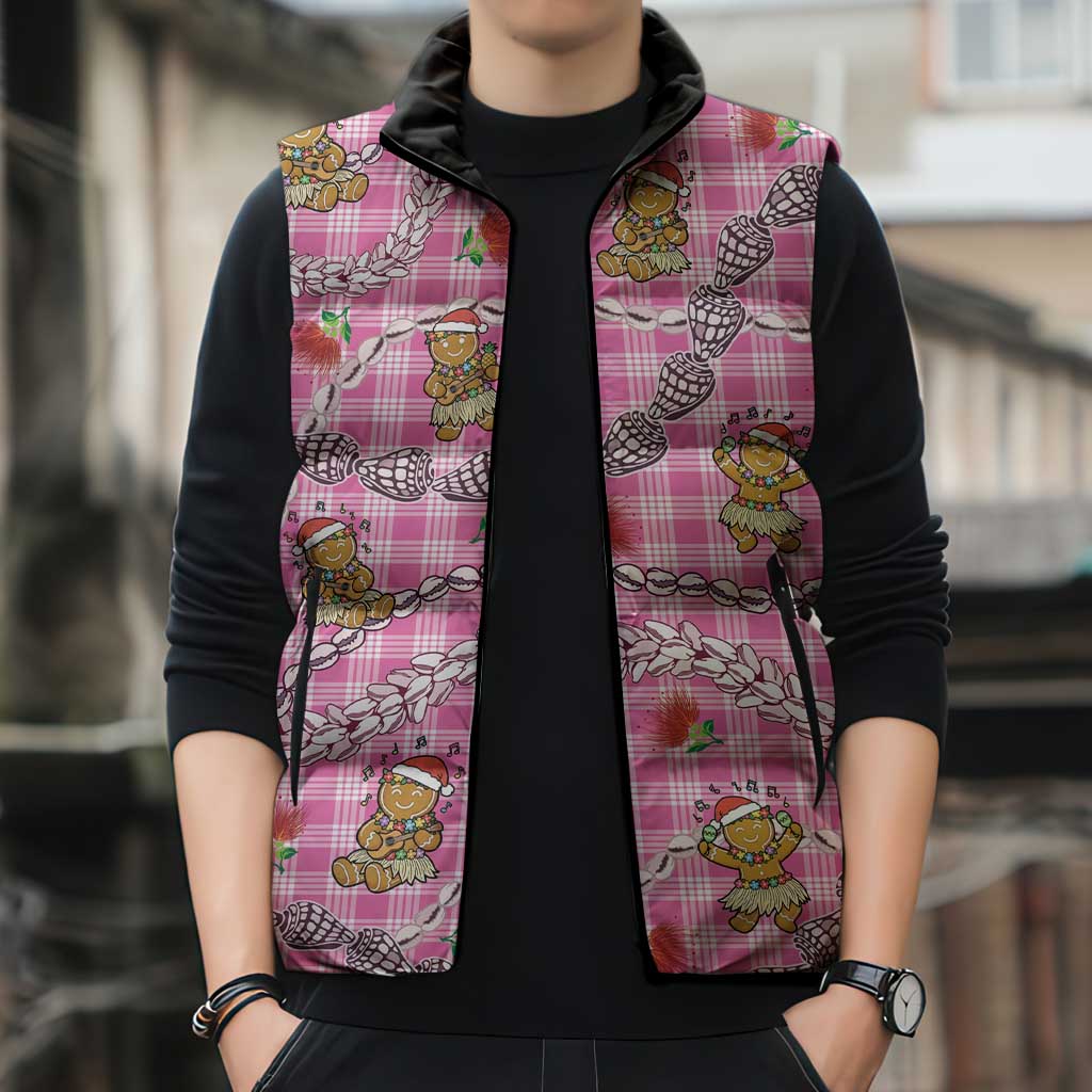 Pink Palaka Hawaii Mele Kalikimaka Sleeveless Puffer Jacket Ohia Lehua Shell Leis Funny Gingerbread Santa - Polynesian Pride