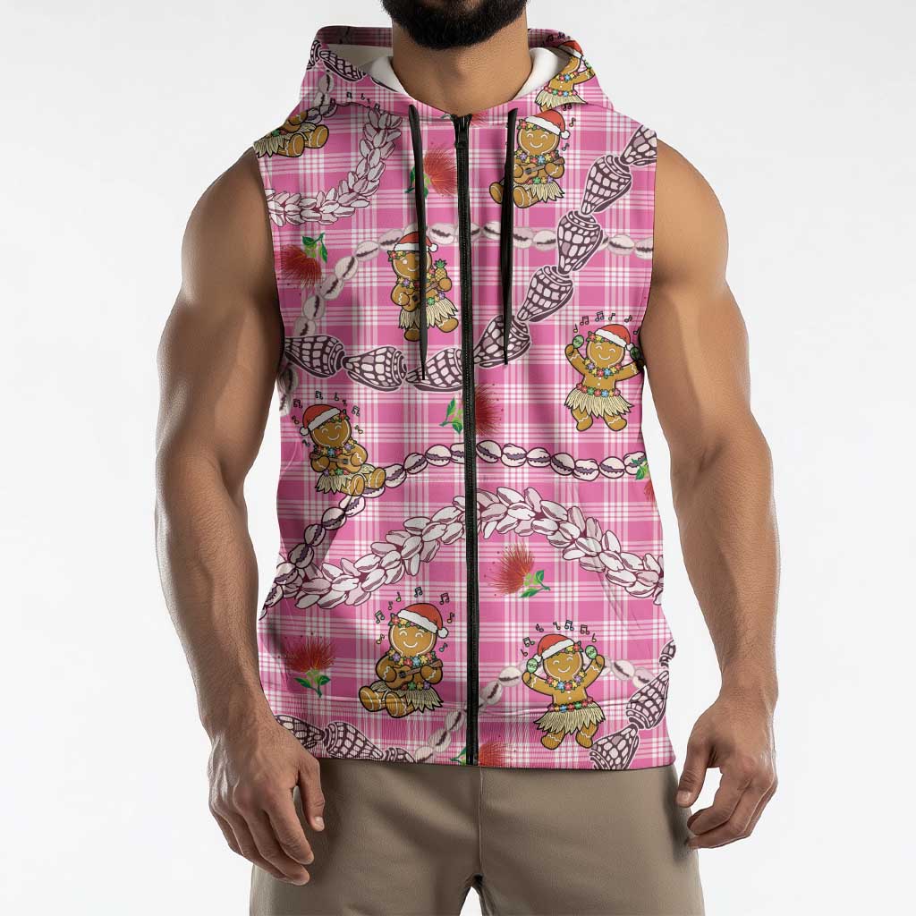 Pink Palaka Hawaii Mele Kalikimaka Sleeveless Zip Hoodie Ohia Lehua Shell Leis Funny Gingerbread Santa - Polynesian Pride