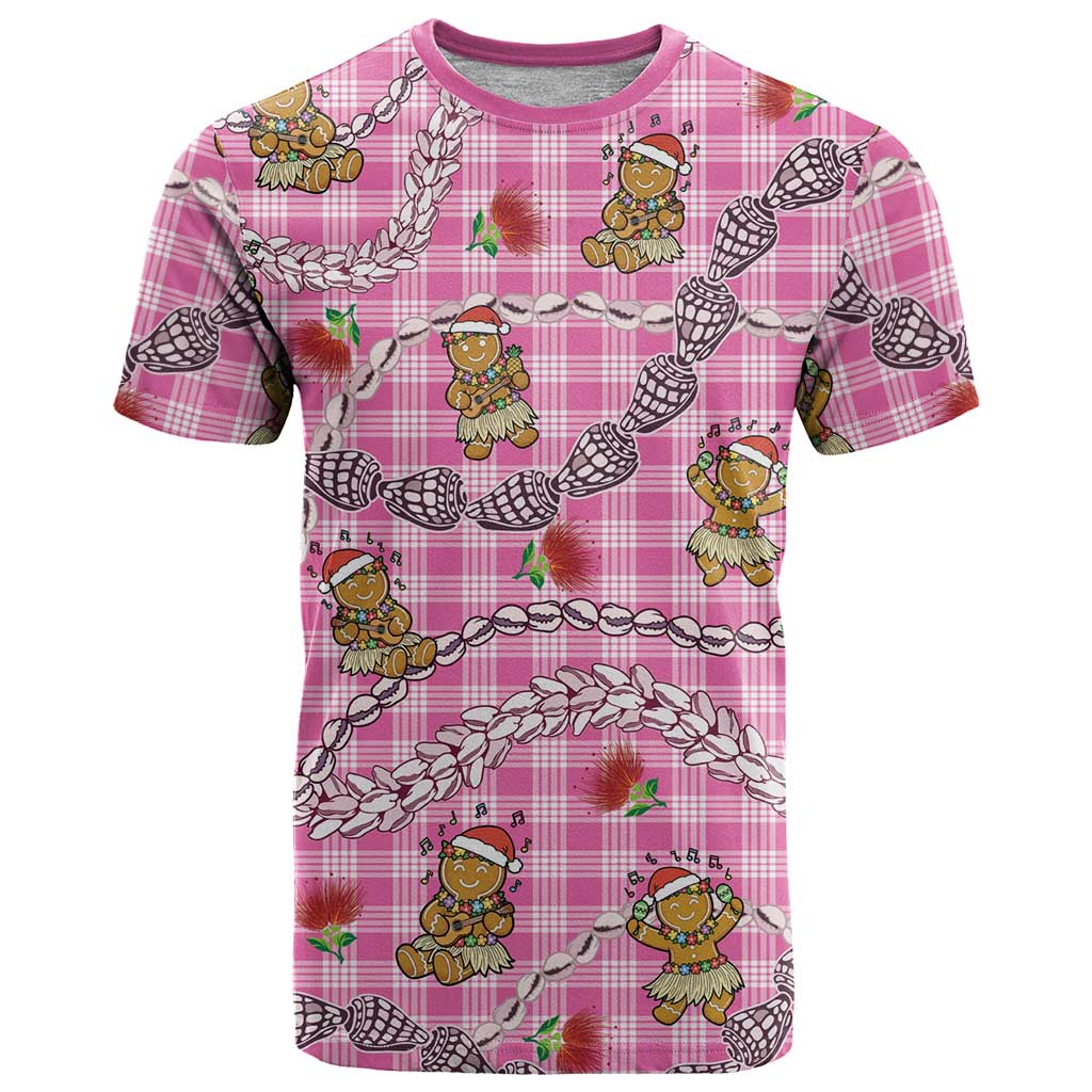 Pink Palaka Hawaii Mele Kalikimaka T Shirt Ohia Lehua Shell Leis Funny Gingerbread Santa LT14 Pink - Polynesian Pride