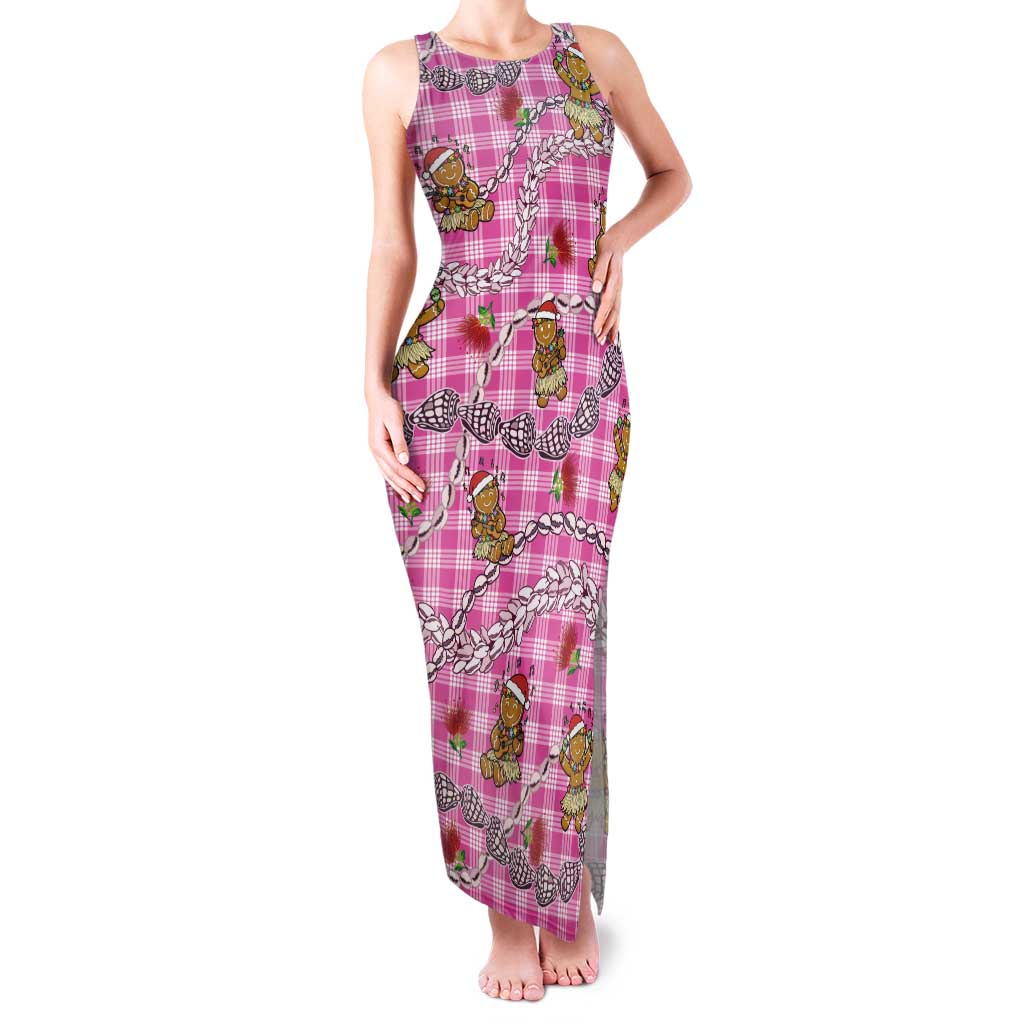 Pink Palaka Hawaii Mele Kalikimaka Tank Maxi Dress Ohia Lehua Shell Leis Funny Gingerbread Santa - Polynesian Pride