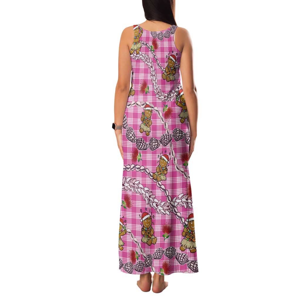 Pink Palaka Hawaii Mele Kalikimaka Tank Maxi Dress Ohia Lehua Shell Leis Funny Gingerbread Santa - Polynesian Pride