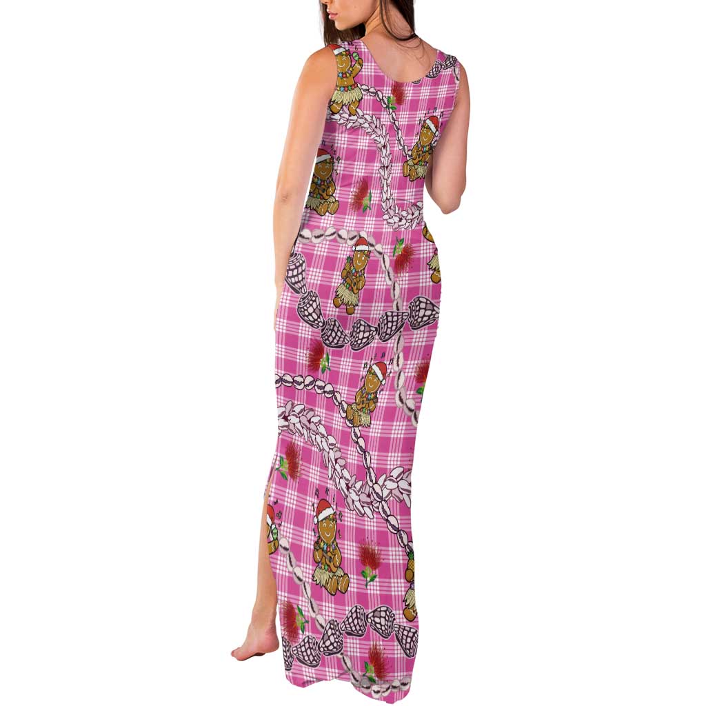 Pink Palaka Hawaii Mele Kalikimaka Tank Maxi Dress Ohia Lehua Shell Leis Funny Gingerbread Santa - Polynesian Pride