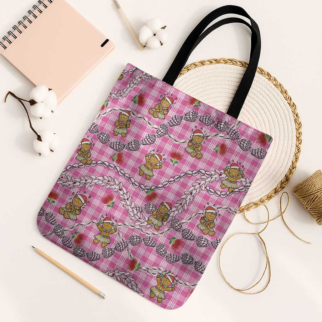 Pink Palaka Hawaii Mele Kalikimaka Tote Bag Ohia Lehua Shell Leis Funny Gingerbread Santa - Polynesian Pride