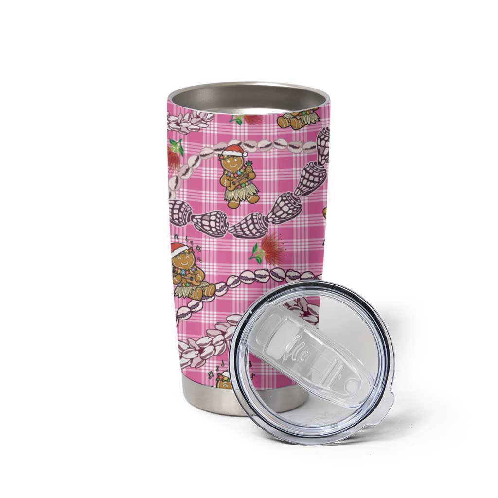 Pink Palaka Hawaii Mele Kalikimaka Tumbler Cup Ohia Lehua Shell Leis Funny Gingerbread Santa - Polynesian Pride