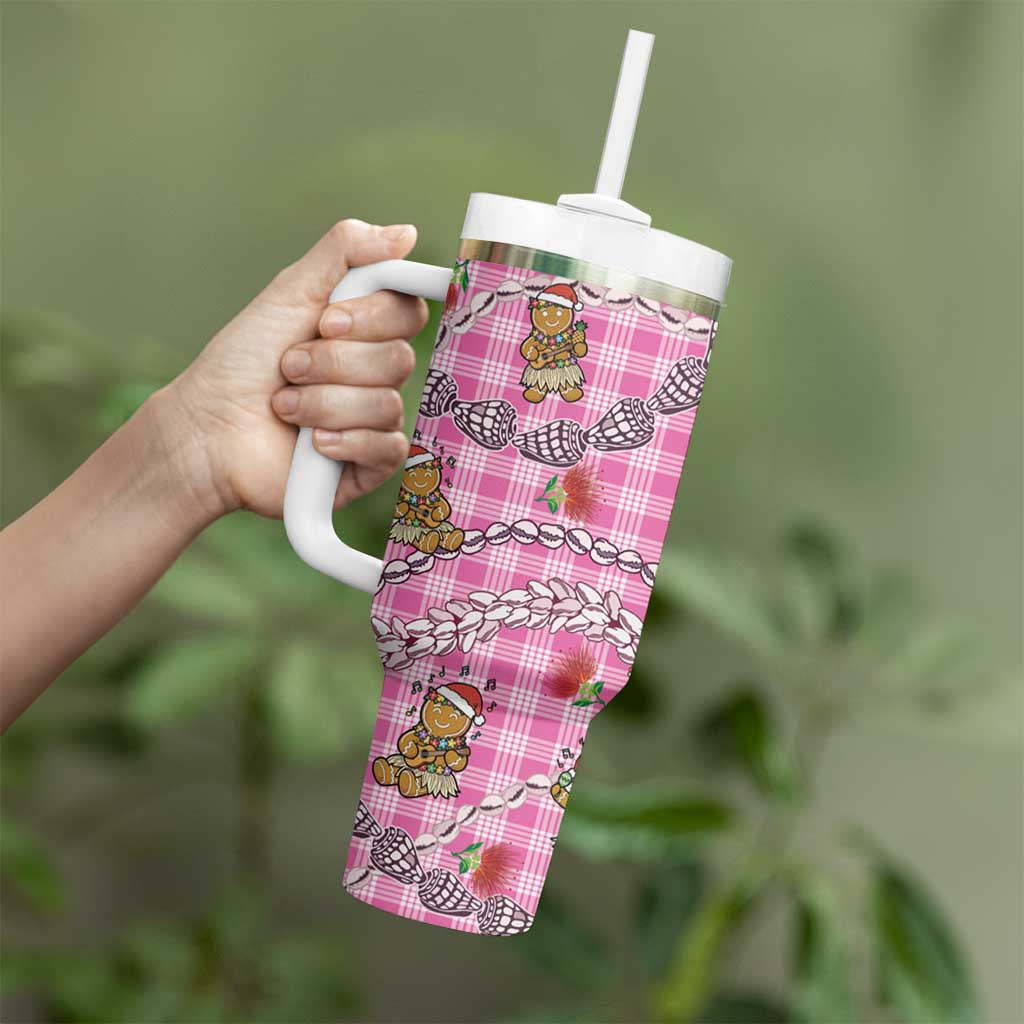 Pink Palaka Hawaii Mele Kalikimaka Tumbler With Handle Ohia Lehua Shell Leis Funny Gingerbread Santa - Polynesian Pride