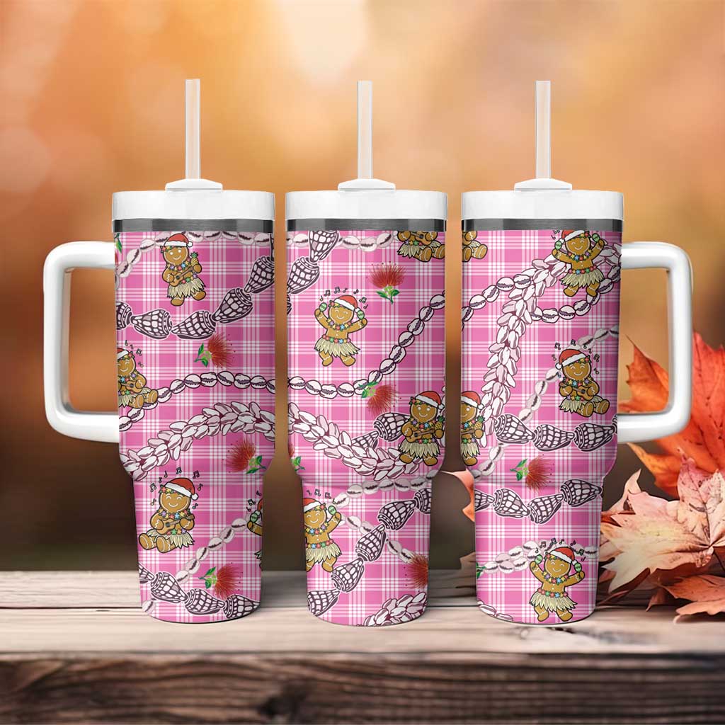 Pink Palaka Hawaii Mele Kalikimaka Tumbler With Handle Ohia Lehua Shell Leis Funny Gingerbread Santa - Polynesian Pride