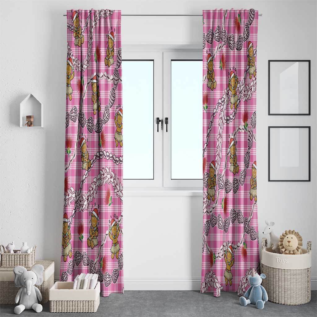 Pink Palaka Hawaii Mele Kalikimaka Window Curtain Ohia Lehua Shell Leis Funny Gingerbread Santa - Polynesian Pride