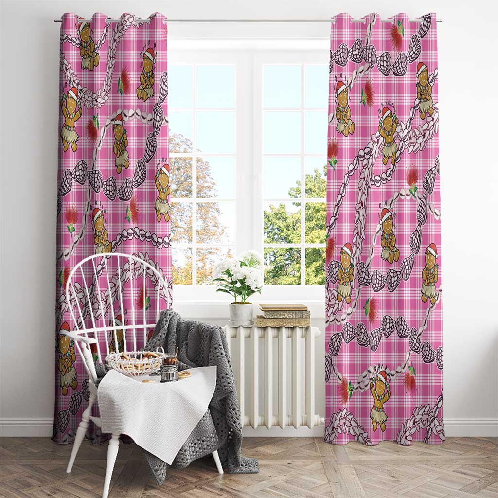 Pink Palaka Hawaii Mele Kalikimaka Window Curtain Ohia Lehua Shell Leis Funny Gingerbread Santa - Polynesian Pride