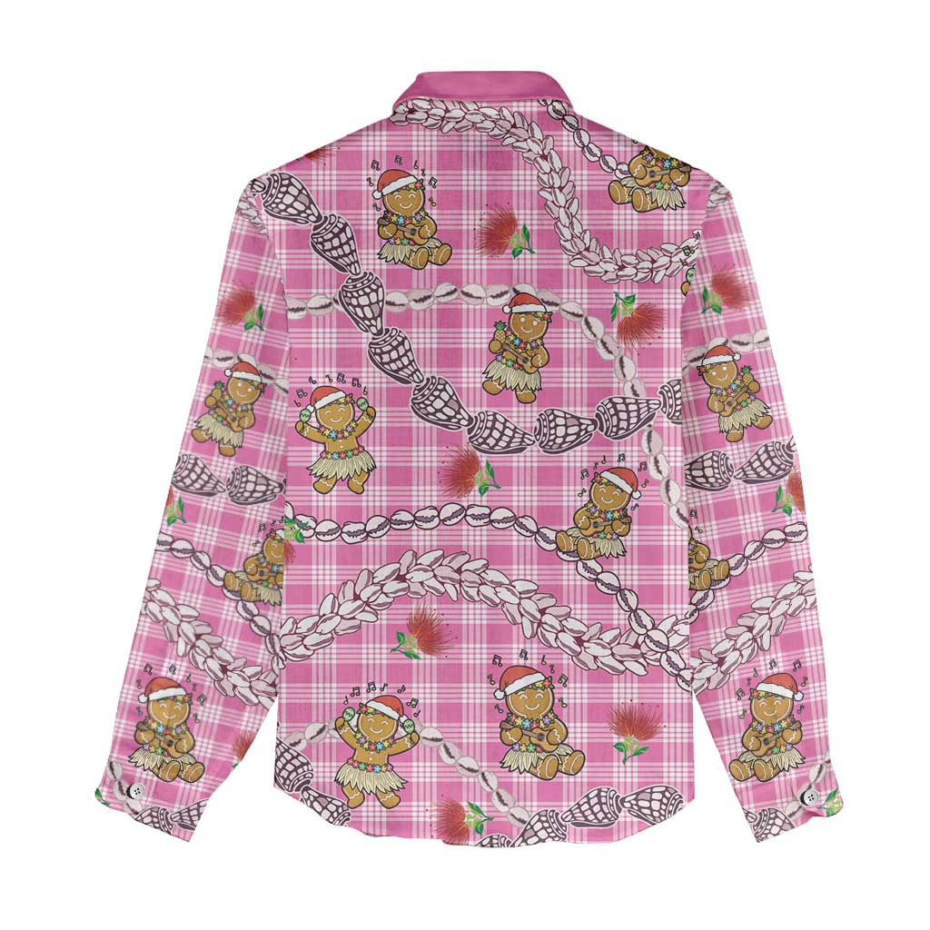 Pink Palaka Hawaii Mele Kalikimaka Women Casual Shirt Ohia Lehua Shell Leis Funny Gingerbread Santa - Polynesian Pride