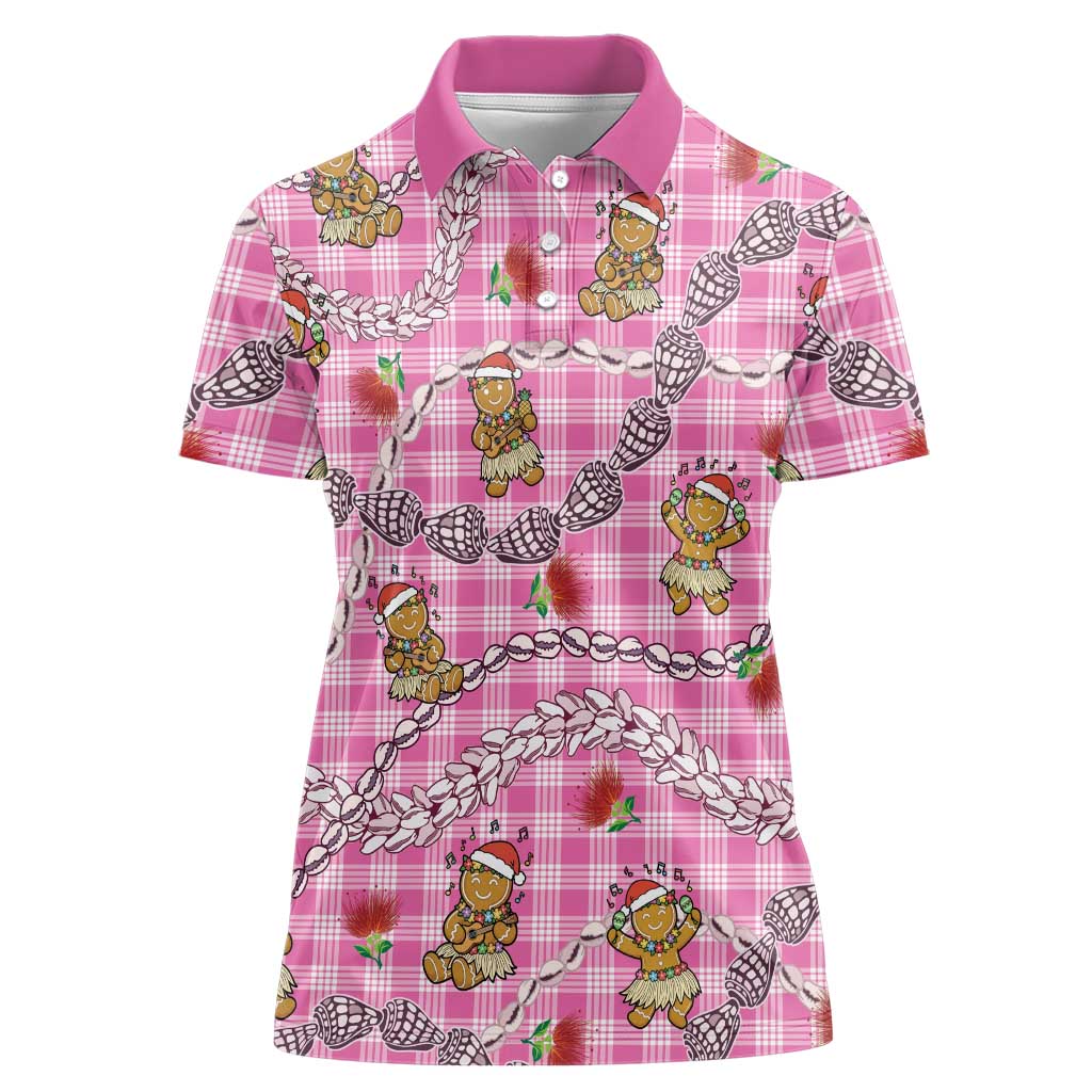 Pink Palaka Hawaii Mele Kalikimaka Women Polo Shirt Ohia Lehua Shell Leis Funny Gingerbread Santa - Polynesian Pride