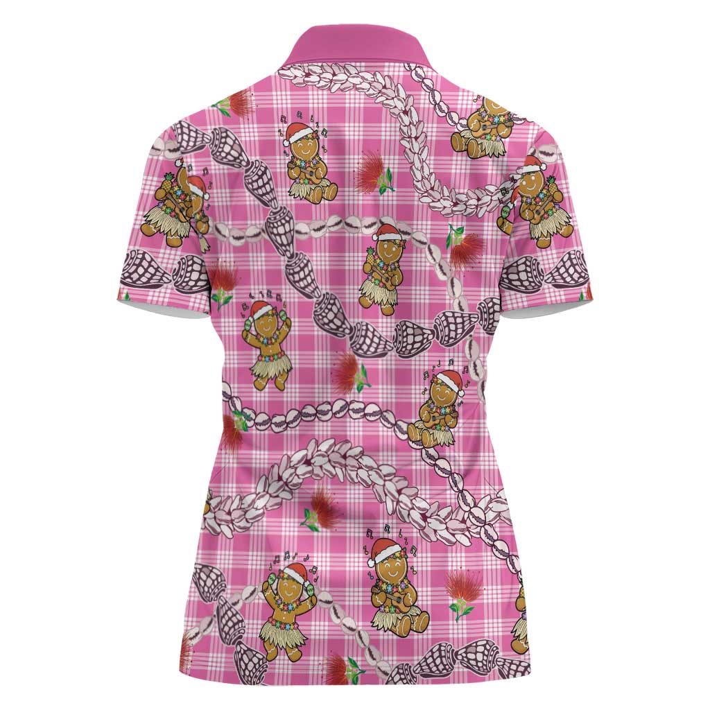 Pink Palaka Hawaii Mele Kalikimaka Women Polo Shirt Ohia Lehua Shell Leis Funny Gingerbread Santa - Polynesian Pride