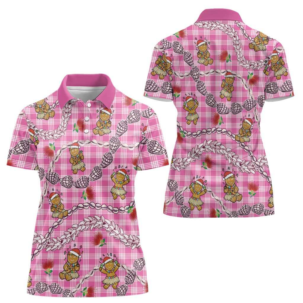 Pink Palaka Hawaii Mele Kalikimaka Women Polo Shirt Ohia Lehua Shell Leis Funny Gingerbread Santa - Polynesian Pride