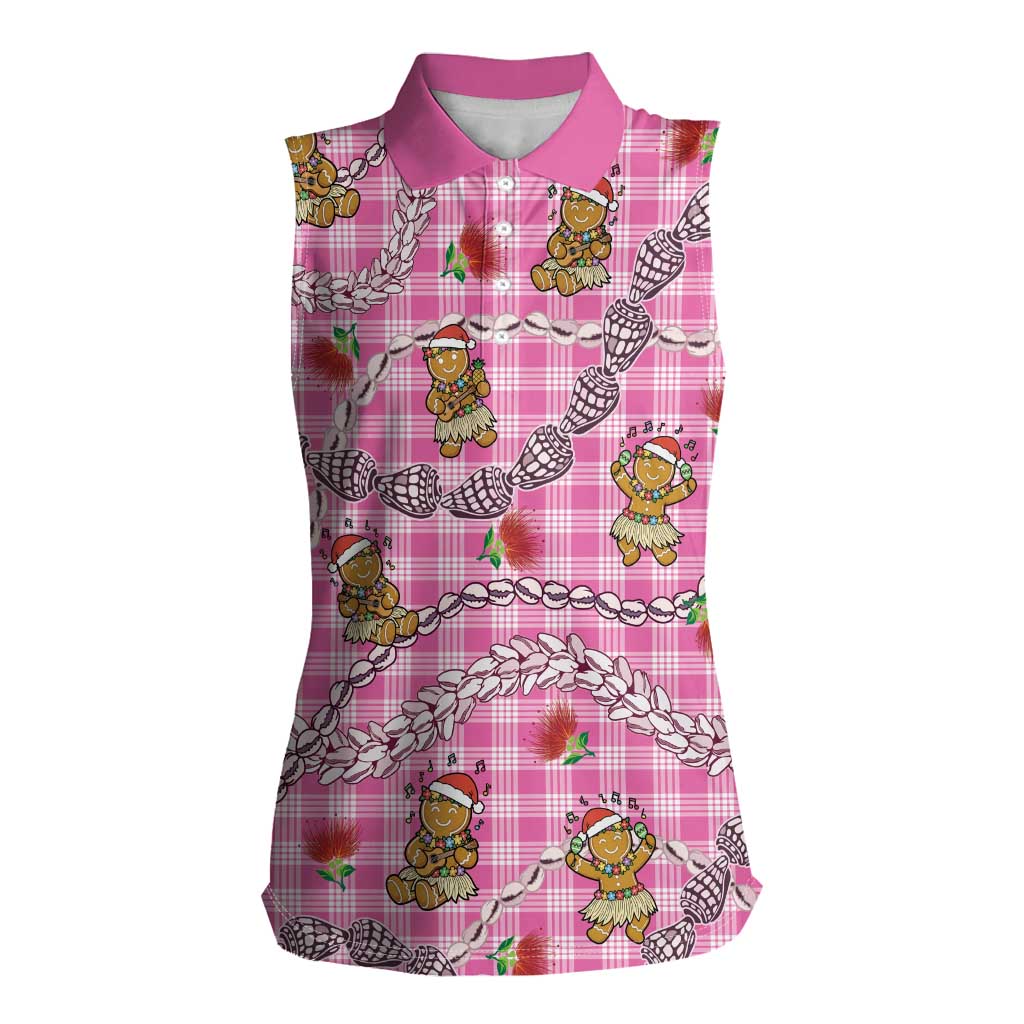 Pink Palaka Hawaii Mele Kalikimaka Women Sleeveless Polo Shirt Ohia Lehua Shell Leis Funny Gingerbread Santa LT14 Female Pink - Polynesian Pride