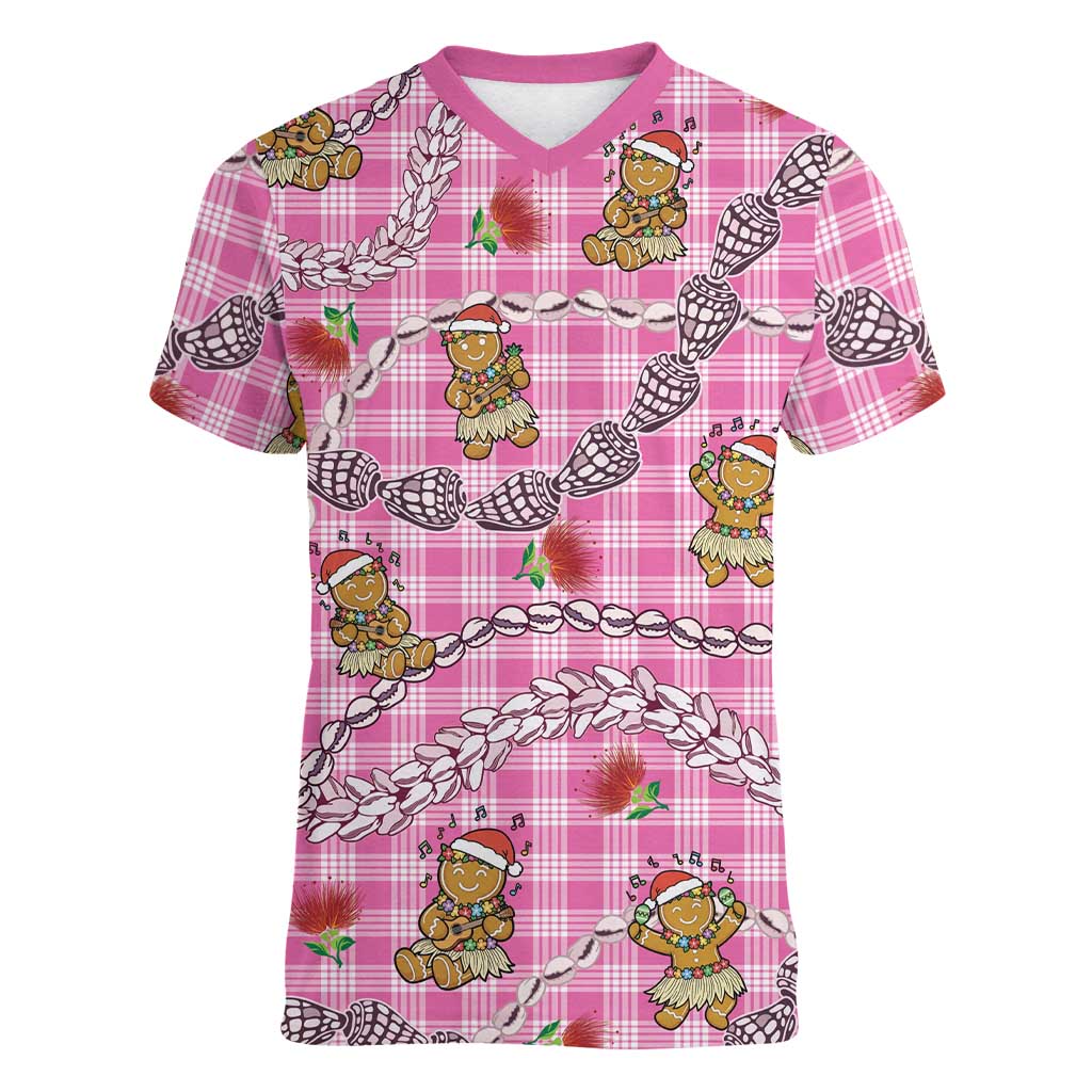 Pink Palaka Hawaii Mele Kalikimaka Women V-Neck T-Shirt Ohia Lehua Shell Leis Funny Gingerbread Santa LT14 Female Pink - Polynesian Pride