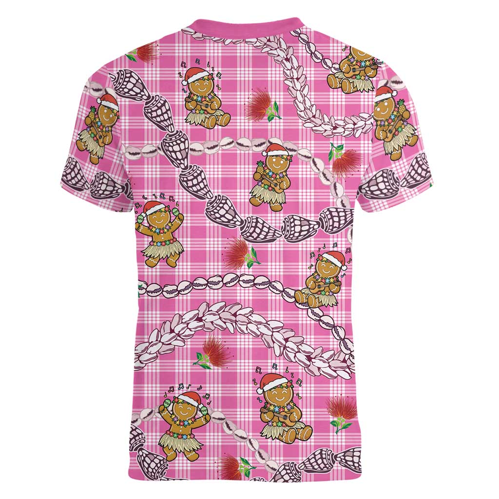 Pink Palaka Hawaii Mele Kalikimaka Women V-Neck T-Shirt Ohia Lehua Shell Leis Funny Gingerbread Santa LT14 - Polynesian Pride