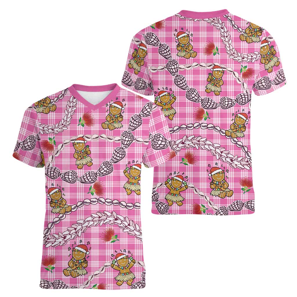 Pink Palaka Hawaii Mele Kalikimaka Women V-Neck T-Shirt Ohia Lehua Shell Leis Funny Gingerbread Santa LT14 - Polynesian Pride