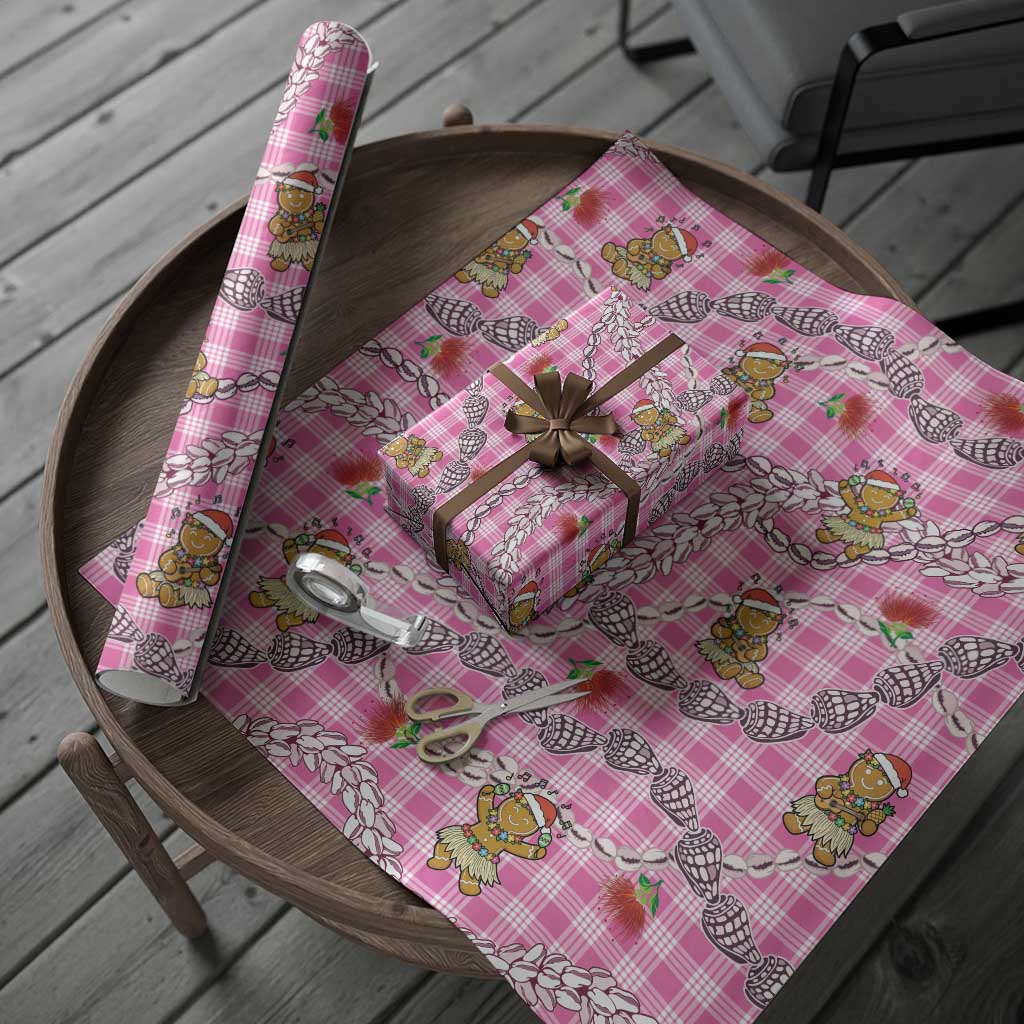 Pink Palaka Hawaii Mele Kalikimaka Wrapping Paper Ohia Lehua Shell Leis Funny Gingerbread Santa - Polynesian Pride