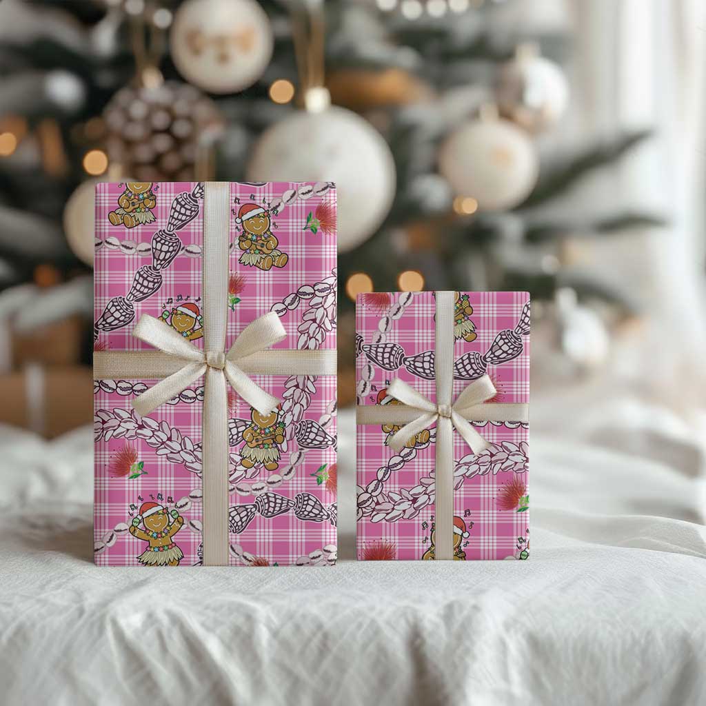 Pink Palaka Hawaii Mele Kalikimaka Wrapping Paper Ohia Lehua Shell Leis Funny Gingerbread Santa - Polynesian Pride