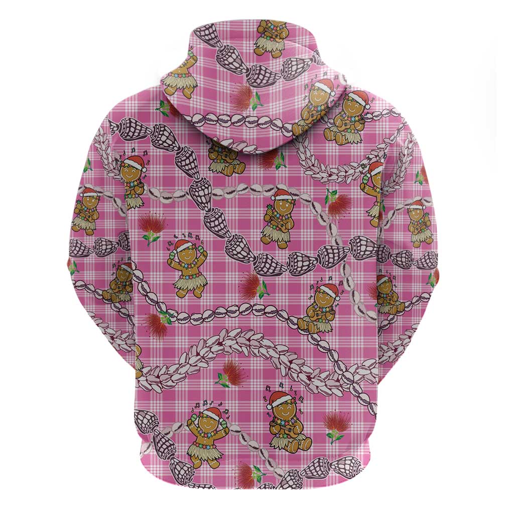 Pink Palaka Hawaii Mele Kalikimaka Zip Hoodie Ohia Lehua Shell Leis Funny Gingerbread Santa - Polynesian Pride