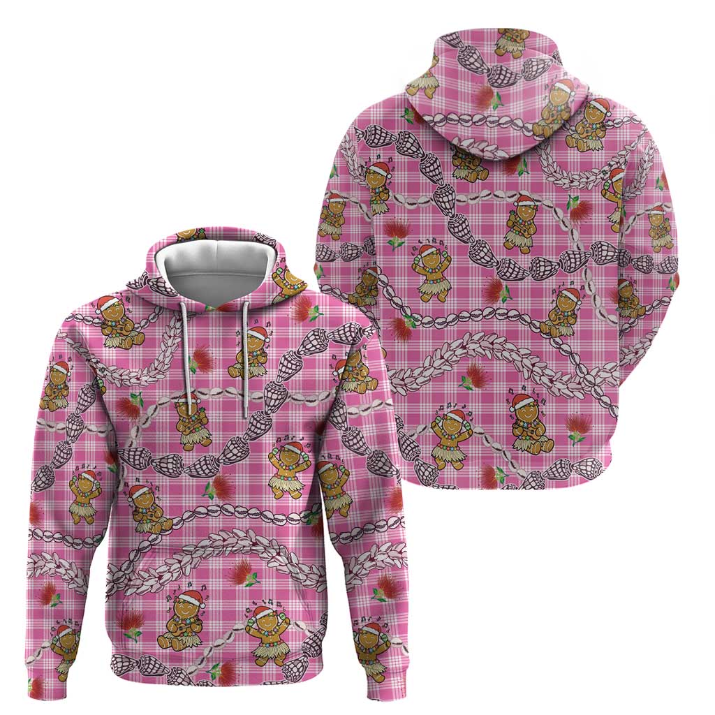 Pink Palaka Hawaii Mele Kalikimaka Zip Hoodie Ohia Lehua Shell Leis Funny Gingerbread Santa - Polynesian Pride