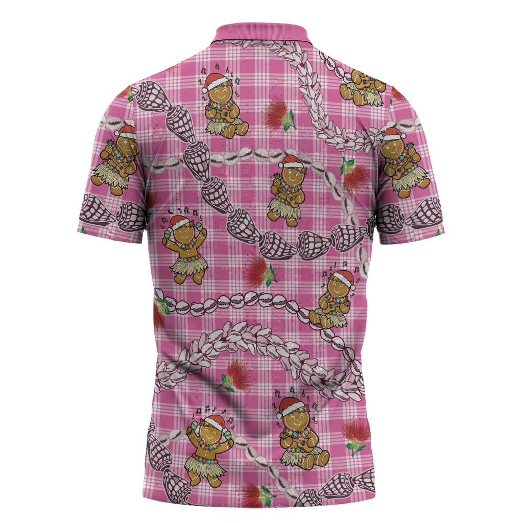 Pink Palaka Hawaii Mele Kalikimaka Zipper Polo Shirt Ohia Lehua Shell Leis Funny Gingerbread Santa - Polynesian Pride