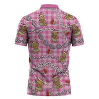 Pink Palaka Hawaii Mele Kalikimaka Zipper Polo Shirt Ohia Lehua Shell Leis Funny Gingerbread Santa - Polynesian Pride