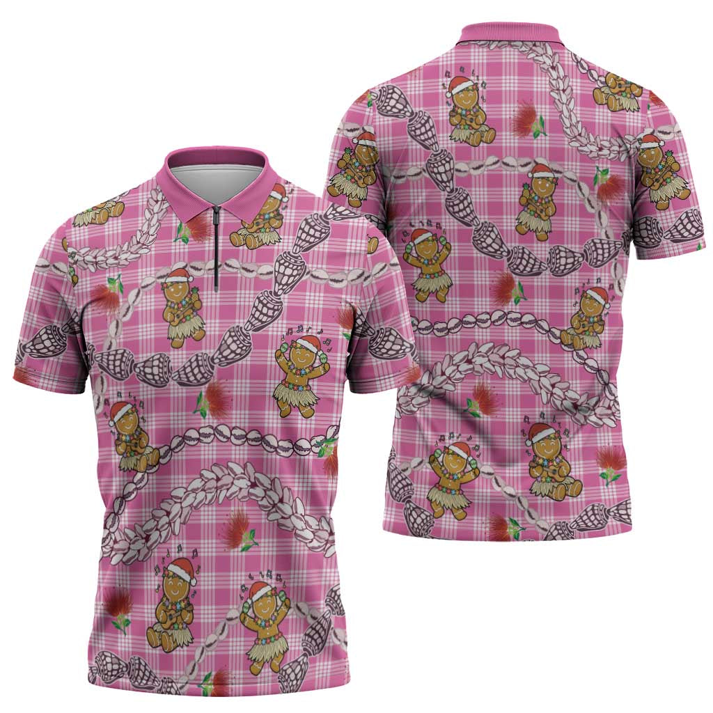 Pink Palaka Hawaii Mele Kalikimaka Zipper Polo Shirt Ohia Lehua Shell Leis Funny Gingerbread Santa - Polynesian Pride