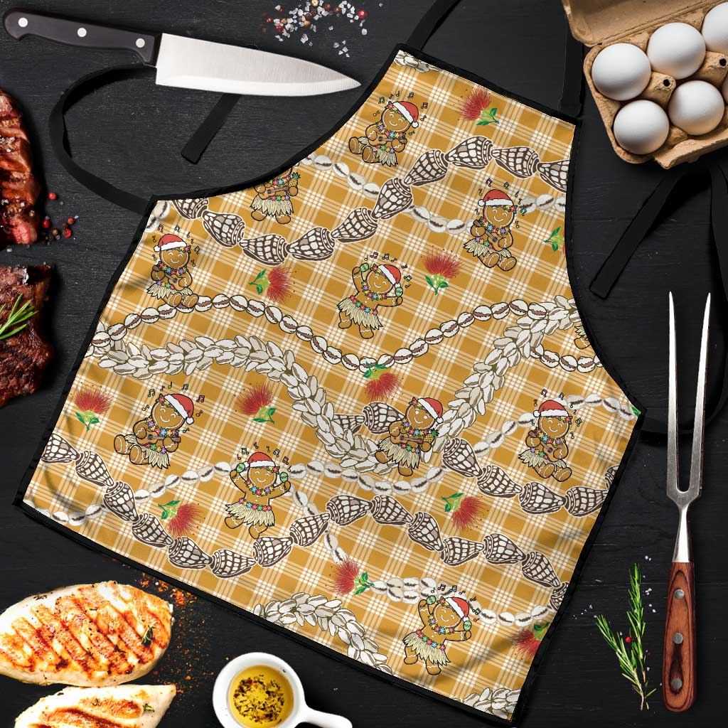 Gold Palaka Hawaii Mele Kalikimaka Apron Ohia Lehua Shell Leis Funny Gingerbread Santa - Polynesian Pride