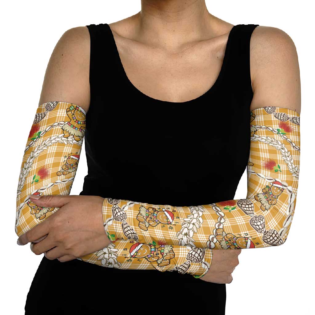 Gold Palaka Hawaii Mele Kalikimaka Arm Sleeves Ohia Lehua Shell Leis Funny Gingerbread Santa - Polynesian Pride