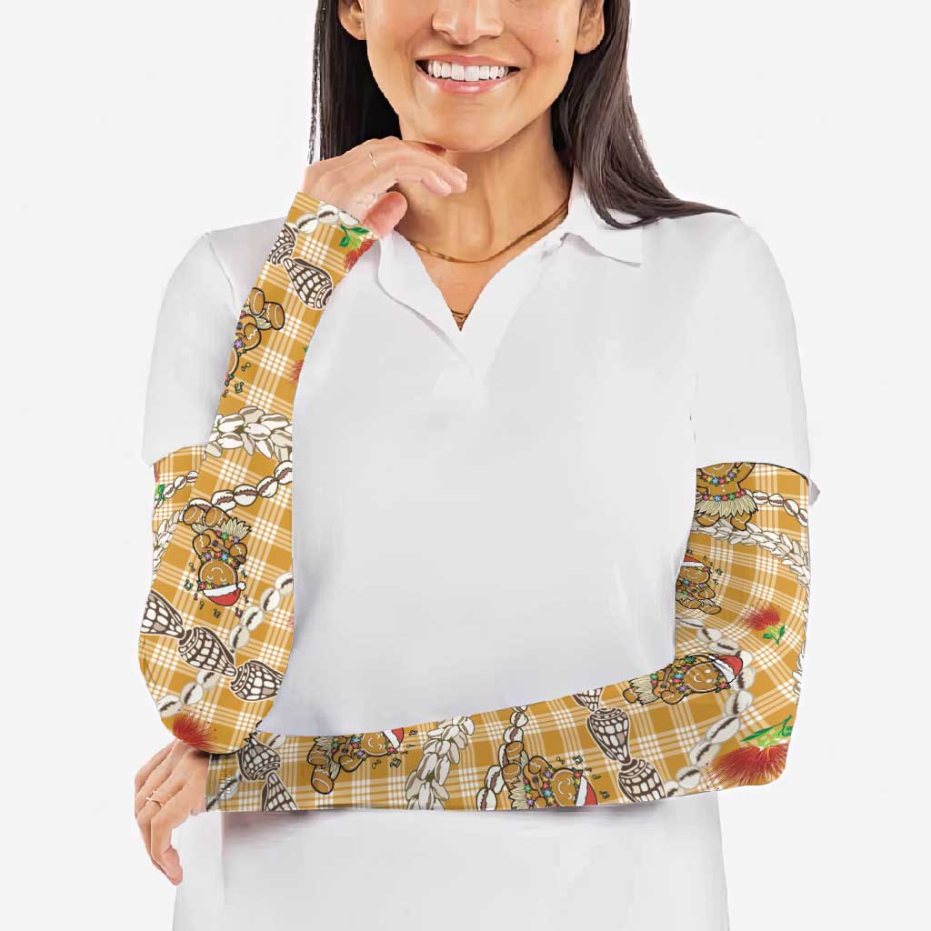 Gold Palaka Hawaii Mele Kalikimaka Arm Sleeves Ohia Lehua Shell Leis Funny Gingerbread Santa - Polynesian Pride