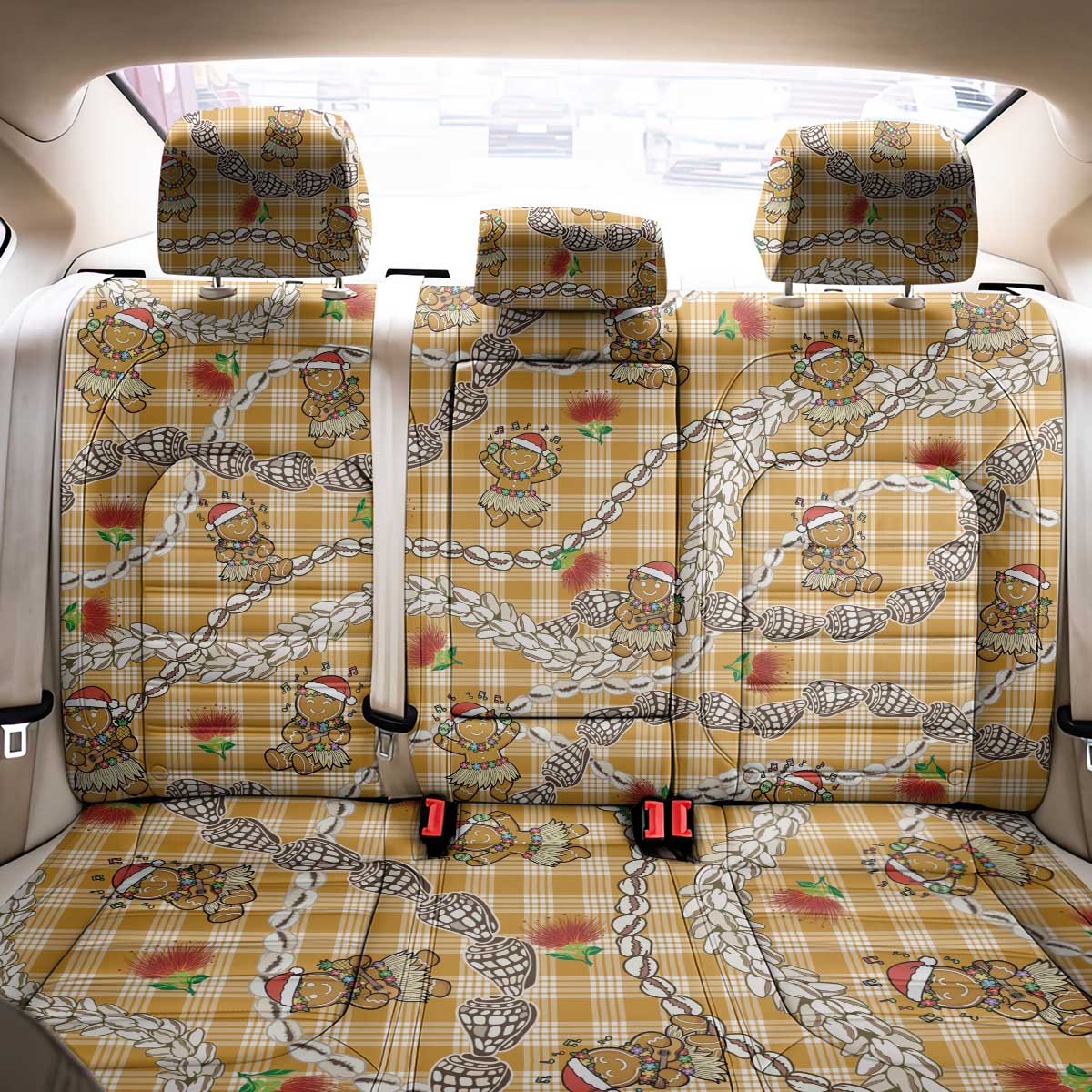 Gold Palaka Hawaii Mele Kalikimaka Back Car Seat Cover Ohia Lehua Shell Leis Funny Gingerbread Santa - Polynesian Pride