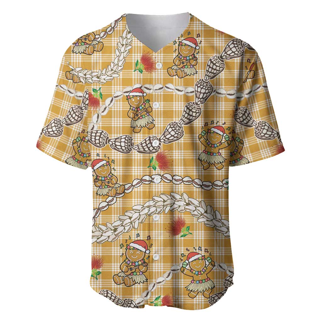 Gold Palaka Hawaii Mele Kalikimaka Baseball Jersey Ohia Lehua Shell Leis Funny Gingerbread Santa - Polynesian Pride