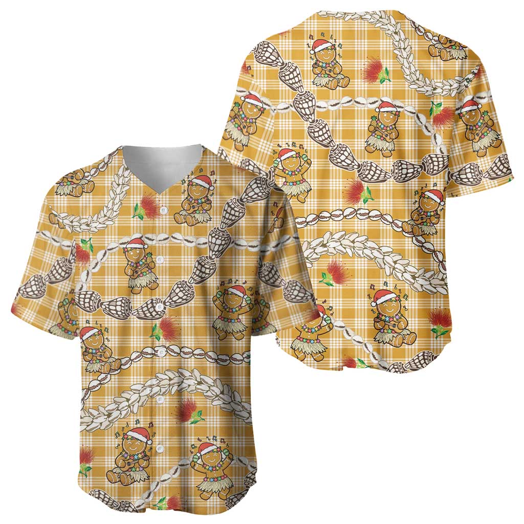 Gold Palaka Hawaii Mele Kalikimaka Baseball Jersey Ohia Lehua Shell Leis Funny Gingerbread Santa - Polynesian Pride