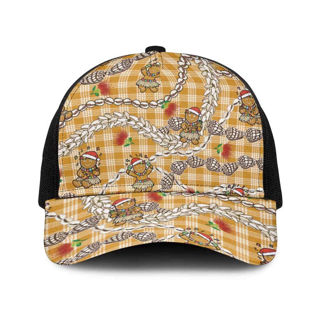 Gold Palaka Hawaii Mele Kalikimaka Baseball Net Cap Ohia Lehua Shell Leis Funny Gingerbread Santa - Polynesian Pride