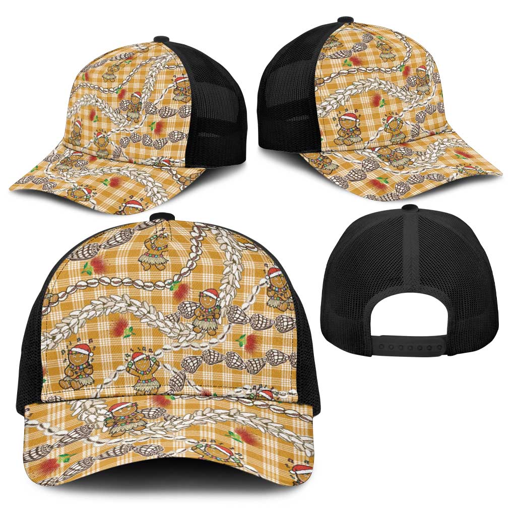 Gold Palaka Hawaii Mele Kalikimaka Baseball Net Cap Ohia Lehua Shell Leis Funny Gingerbread Santa - Polynesian Pride